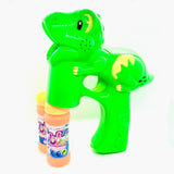 A green dinosaur bubble machine