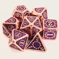 Metal Polyhedrals D&D Dice Set - Rose Gold with Purple